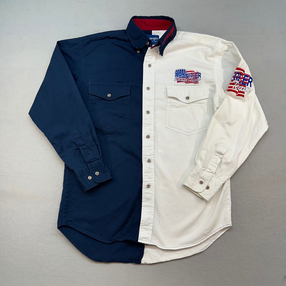 Wrangler Rodeo Team Western Shirt Mens Medium Navy White Two Tone